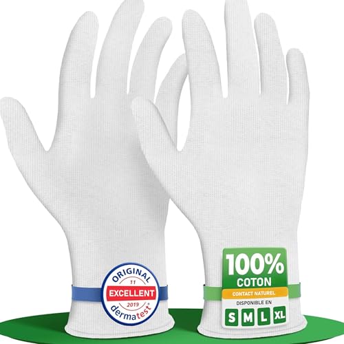 LAVAMED Gants coton dermatologique (Dermatest: Excellent) gants blancs pour eczema, gants hydratant main - antistatique - homme/femme - gants en coton de qualité supérieure (3 paires, M)