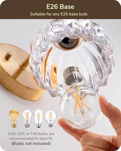 Image of EDISHINE 2-Pack Brass Gold Sconces, 180 Adjustable Tulip Glass Wall Lamps | Hardwired, Rotary ON /OFF Switch, E26, Vintage & Modern Style for Bathroom, Bedroom, Hallway