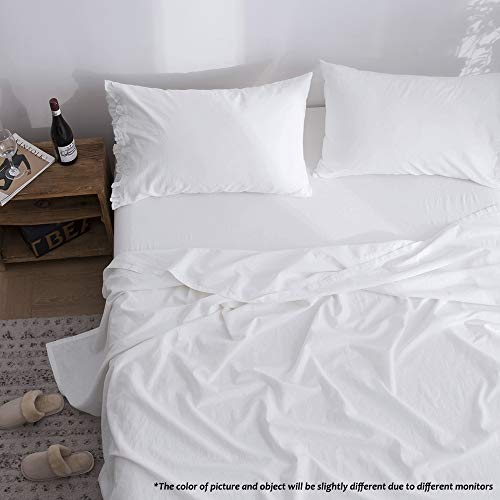 Simple&Opulence Belgian Linen Sheet Set with Ruffles - 4 Pieces (1 Flat Sheet & 1 Fitted Sheet & 2 Pillowcases) Natural Flax Cotton Blend Soft Bedding Breathable Farmhouse - White, Queen Size - Thumbnail 2