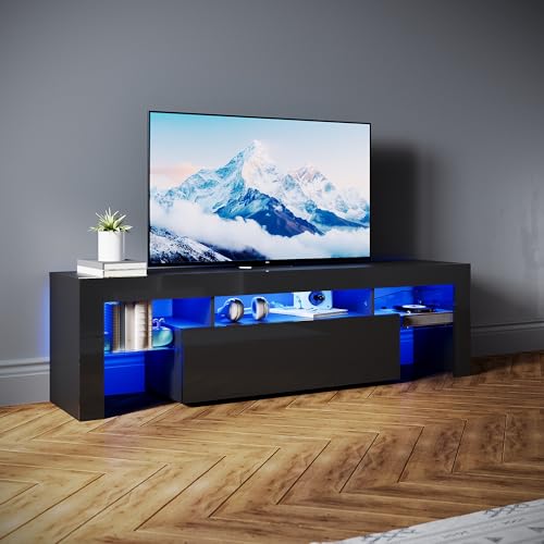 SONNI Mueble TV Negro con Luz LED Ajustable de 12 Colores con Mando a Distancia, Mesa TV Sálon Madera con Estantes Cristal 160 CM