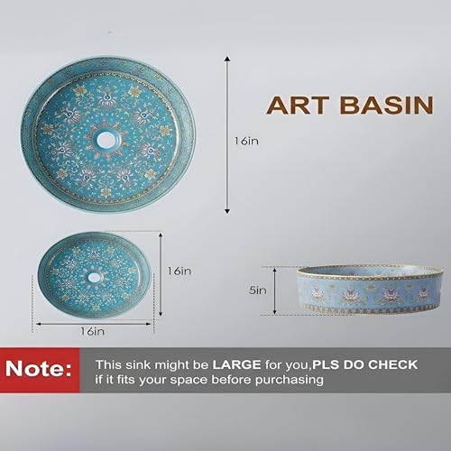Image of BASSINO 16x16x5 Inches Designer Moroccan Ceramic Table Top Wash Basin /Glossy Blue Floral Art Bowl Sink for Bathroom /Handcrafted Round Countertop Washbasin for Office /Hotel(Glossy Blue)