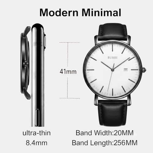 Image of BUREI Men's Fashion Minimalist Wrist Watch Analog Date with Leather Strap
