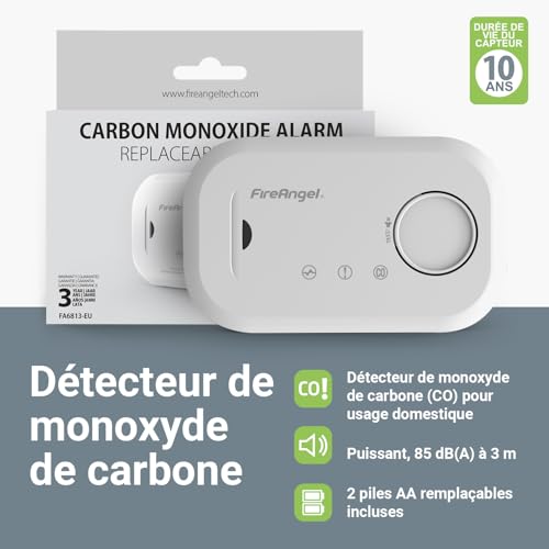 FireAngel FA6813 Détecteur de Monoxyde de Carbone CO, Capteur de Monoxyde de Carbone, Détecteur de CO et Alarme Portable, avec Piles, Bouton de Test – vue 2