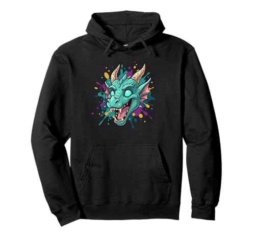 Neon Splash Turquoise Dragon Head Fantasy Pullover Hoodie