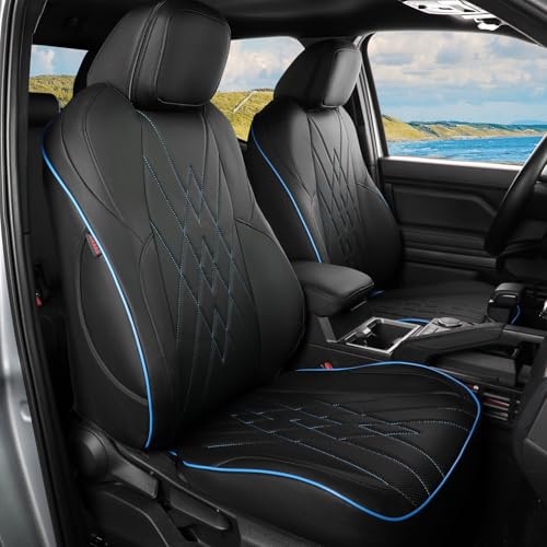 Image of EKR Custom Fit Tacoma Front Car Seat Covers for Toyota Tacoma (Petrol & Hybrid) 2024 2025 2026 Double cab SR /SR5 /TRD Sport /TRD Off-Road /Limited - Front Row Only,Faux Leather(Black with Blue Trim)
