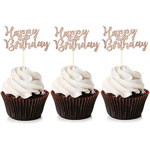 Unimall Global 24 Stück Happy Birthday Cupcake Toppers Roségold Geburtstag Torte Topper Happy Birthday Kuchendekoration Cake Toppers Cover