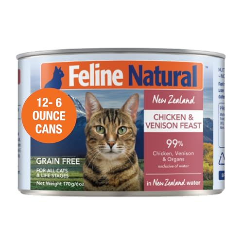 Feline Natural New Zealand Canned Catfood Wet Food High-Meat Low-Carb & Grain Free Cat Food Wet Chicken & Venison Feast 6 oz Pack of 12