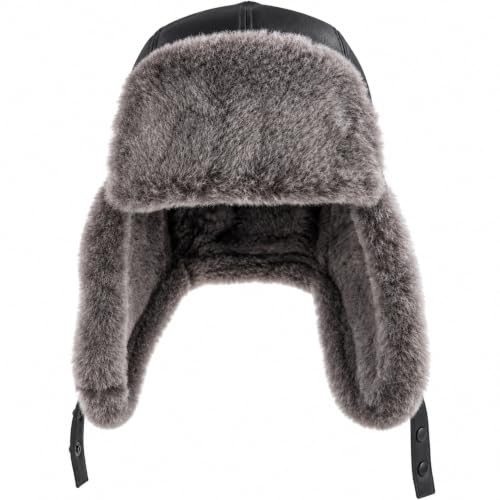 Image of Leather Aviator Russian Ushanka Trapper Shearling Sheepskin Fur Ear Flap Waterproof Winter Hat