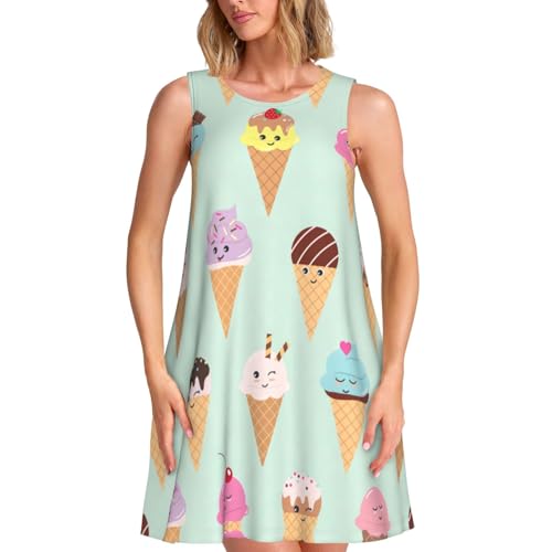 TTYDOKLA Vestido casual sin mangas con estampado de conos de helado para mujer, para vacaciones en la playa y uso diario, Negro, M