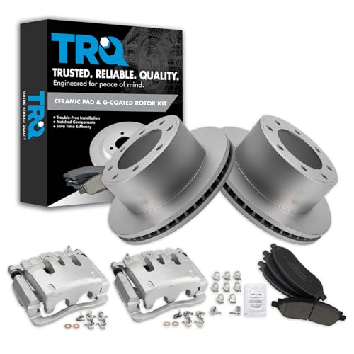 Image of TRQ Rear Brake Pad, Caliper, & Rotor Kit Ceramic Vented Premium G-Coated Compatible with 2005-2007 Ford F-250 Super Duty F-350 Super Duty