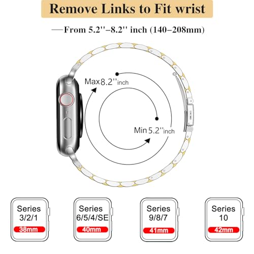 Image of MioHHR Slim Metal Band Compatible with Apple Watch Bands 42 /41 /40 /38mm | Thin Luxury Stainless Steel iWatch Bands Series 11 /10 /9 /8 /7 /6 /5 /4 /3 /2 /1 /SE3 /SE2 /SE for Women,Silver /Gold