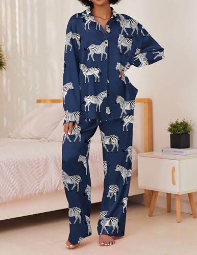Ekouaer Womens Satin Silky Pajama Set 2 Piece Print PJs Soft Loungewear Button Down Sleepwear with Elastic Waist Long Pants