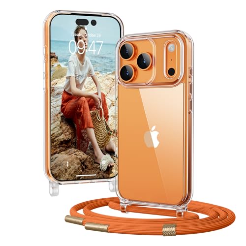 OLEPHY Capa com correia para iPhone 17 Pro 6,3", capa transparente com cordão para ombro e cordão [ajustável e removível], laranja