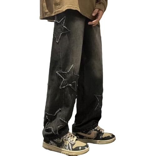 Men's Baggy Vintage Jeans Y2K Hip Hop Grunge Stylish Star Graphic Wide Leg Denim Pants