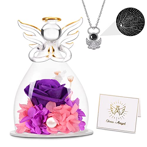 Digi4U Konservierte Blumen Geschenke für Frauen Mama Oma, Ewige Rose im Engel Figur und Engel Halskette mit 100 Ich Liebe Dich Sprachen für Geschenk Muttertag,Geburtstagsgeschenk für Frauen