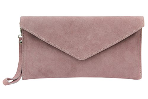 AMBRA Moda Damen Wildleder Envelope Clutch Handschlaufe Handtasche Schultertasche Unterarmtasche Damentasche Veloursleder WL801 (Altrosa Dunkel)