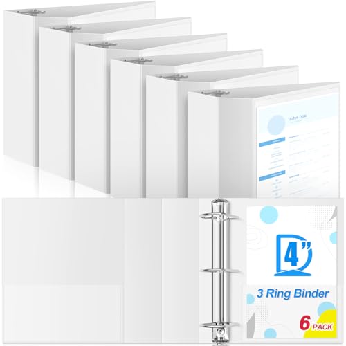 Image of Henoyso 6 Pcs 4 Inch D-Ring 3 Ring Binders with Clear Pocket, Heavy Duty Large Capacity Binder with Inside Pockets for Standard Pages 8.5 x 11, Presentation Binder for Office School(White)