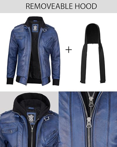 Image of Decrum Mens Leather Jacket - Detachable Hood Stylish Real Lambskin Leather Bomber Jacket Men