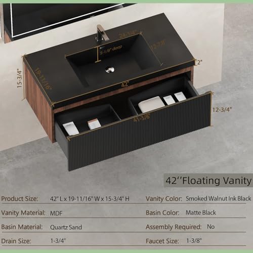 Image of Wall Mounted Bathroom Sink Vanity, Modern 42 inch Floating Vanity with Resin Top Basin Sink and U-Shaped Soft-Close Storage Drawer, Striped Bathroom Storage Cabinet with Invisible Handle, Black