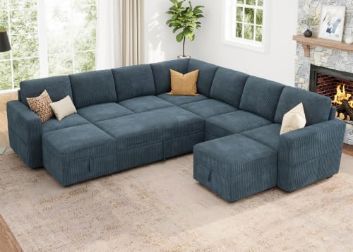 Image of HONBAY Modular Sectional Sleeper Sofa with Pull Out Couch, Corduroy Oversized Sectional Couches Pull Out Bed with U Shaped Sleeper Storage for Living Room - Blue