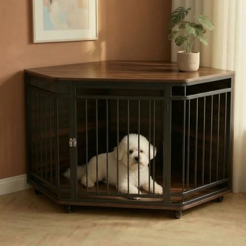 VOWNER Cage d'angle pour Chien, 110 cm Cage Chien Intérieur avec Double Serrure, Meuble Cage Chien Solide, de Petite et Moyenne Taille, 110 x 66 x 60 cm,...