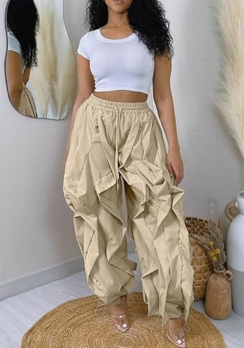 Womens Casual Baggy Pants Cargo Joggers Y2k Drawstring Waist Wide Leg Loose Ruffle Trousers2
