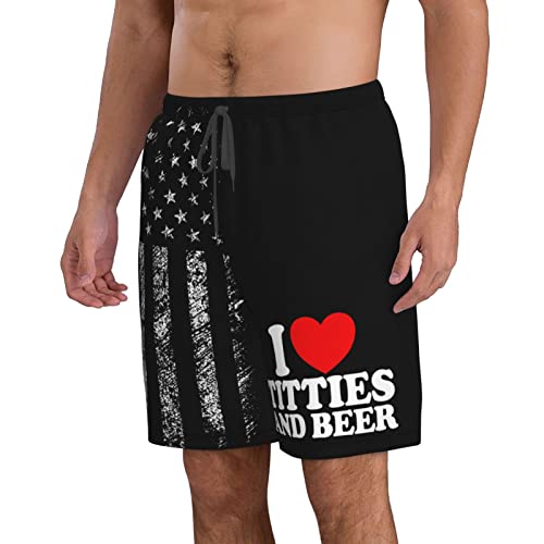 PAUPPY Funny-Heart-Titties-and-Beer-Gift for Women Men's Swim Trunks Quick Dry Bathing Suit Beach Swim Board Shorts Swimsuits White-S3