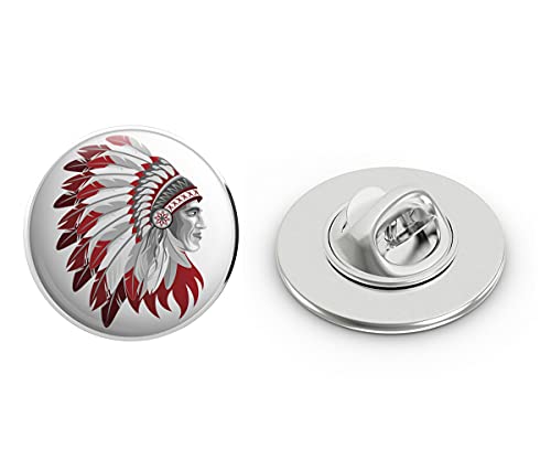 Red and White Native American Indian Chief in Headdress Round Metal 0.75