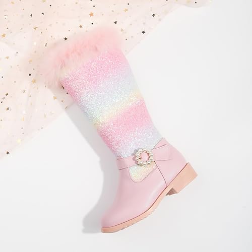 Girls' Tall Riding Boots Low Heel Side Zipper High Booties Winter Non Slip Mid Calf Round Toe Glitter Boots4