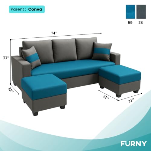 Image of Furny Aurland 3 Seater Fabric Sofa Set with 2 Ottomans (Aqua Blue-Dark Grey) | Soft Velvet Fabric | Modern Design | Comfortable Seating | Living Room Furniture