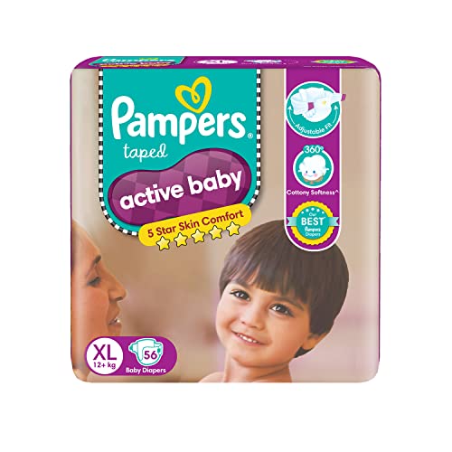 Image of Pampers Active Baby Taped Diapers, Extra Large size diapers, (XL) 56 count, taped style custom fit & Baby Gentle Wet Wipes with Aloe Vera 144 Wipes
