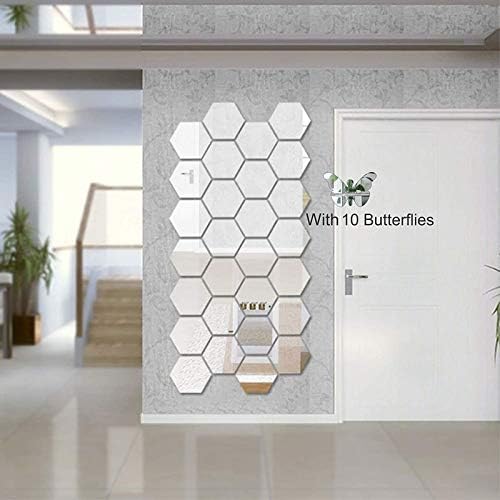 3D Hexagon (Pack of 28) Acrylic Decorative Wall Stickers with 10 Butterfly Mirror Stickers (Silver) (10.5 cm X 12.5 cm)