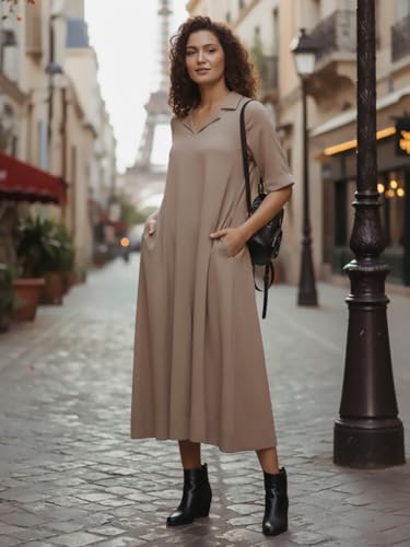 Image of Varanga Casual Flowy Midi Dress for Women | Solid Beige A-Line Maxi Dress with Collar & Pockets | Comfortable Summer Dress for Women
