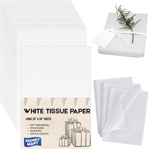 HOMEY MART White Tissue Paper 20x30 Inches Large Bulk Acid Free Tissue MG 17GSM Lightweight for Gift Wrapping Packing Crafts Shipping Retail Packaging Stuffing & Moving - 50 Sheets