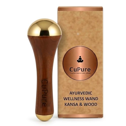 CuPure Kansa Wand for Face & Foot Massage (Double Bowl) Ayurvedic Bronze Tool for Lymphatic Drainage Anti-Aging & Jawline Sculpting | Wooden Handle