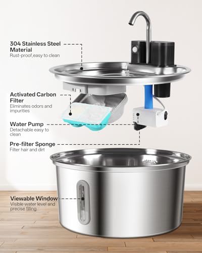 Image of Wireless Cat Fountain - Drinking Fountain for Cats Stainless Steel - Cat Fountain with Motion Sensor and 45 Days Battery - Water Fountain for Cats with Filter and 3.2 Litre Water Tank