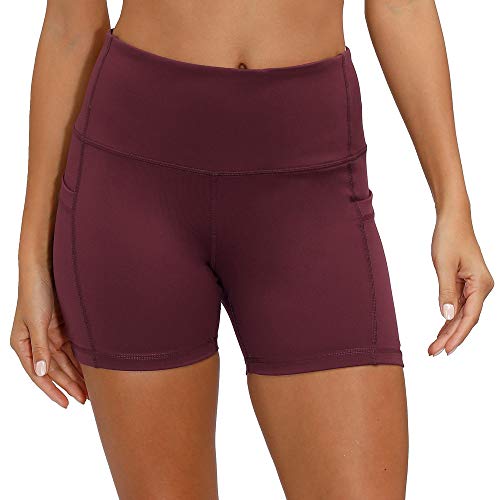 CQC Women\'s High Waist Yoga Shorts Compression Workout Running Bike Shorts Side Pockets Wine Red M - Thumbnail 3