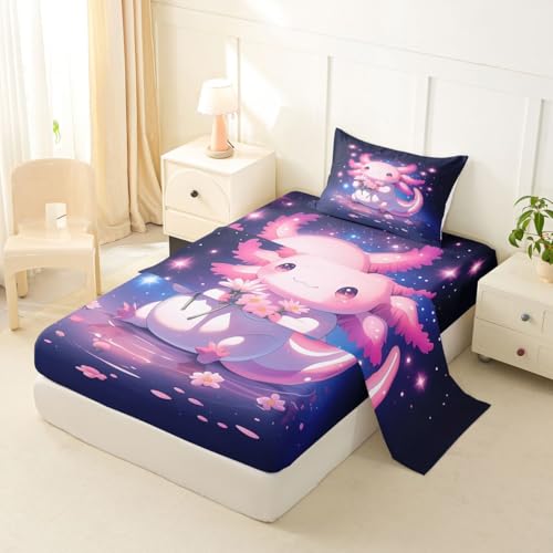 Image of jejeloiu Cute Axolotl Bed Sheets Set Twin Size Cartoon Pink Axolotl Bed Set Kawaii Salamander Sea Ocean Animal Deep Pocket Fitted Sheet Purple Dreamy Starry Breathable Soft Lightweight Microfiber