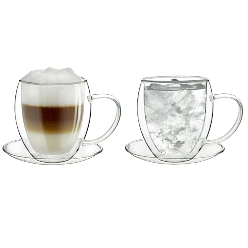Creano doppelwandiges Thermoglas 250ml, 2er-Set, großes hitzebeständiges Teeglas BZW. Kaffeeglas aus Borosilikatglas, Tasse mit Untertasse, Glas