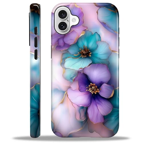 Punmada for iPhone 16 Case,Girl Women Boy Hard Hybrid Shell Shockproof Silicone Full Body Protective Glossy Case for iPhone 16 Golden Purple Flower Art Pattern - image 1