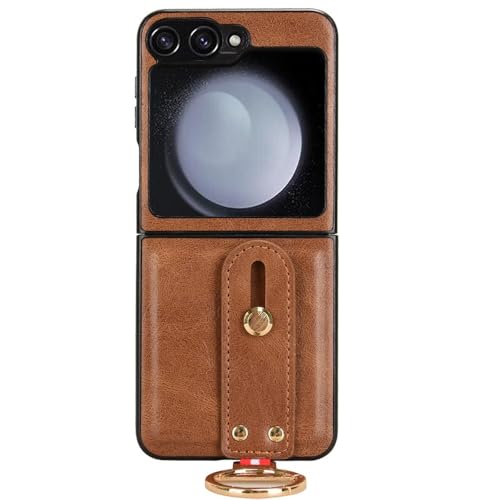 Image of Flip Cover for Samsung Galaxy Z Flip 6 5G, Leather Shockproof Polycarbonate Case (Ring Case, Pack of: 1) (Brown)