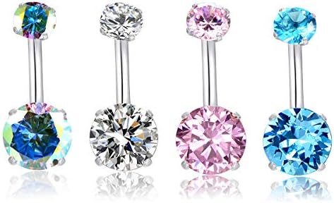 14G Belly Button Rings Surgical Stainless Steel Round Cubic Zirconia Navel Barbell Stud Body Piercing (4Pcs(Clear+AB Color+Pink+Blue))