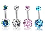 HQLA 14G Belly Button Rings Surgical Stainless Steel Round Cubic Zirconia Navel Barbell Stud Body Piercing (4Pcs(Clear+AB Color+Pink+Blue))