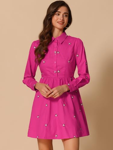 Image of Allegra K Women's Shirt Dress A Line Embroidered Floral Mini Dresses | Casual, Collar, Long Sleeve, Button Down, Half Placket, Invisible Zipper, Knee Length