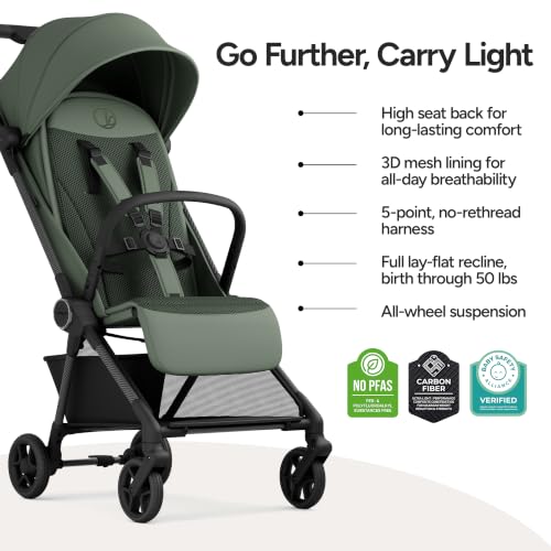 Image of Mompush Nexis Carbon Travel Stroller, Ultra-Lightweight 11.5 lbs, Compact & Airplane Carry-On Approved, One-Second Auto-Fold, One-Hand Full Recline, from Birth to 50 lbs, Travel Bag Included, Forest