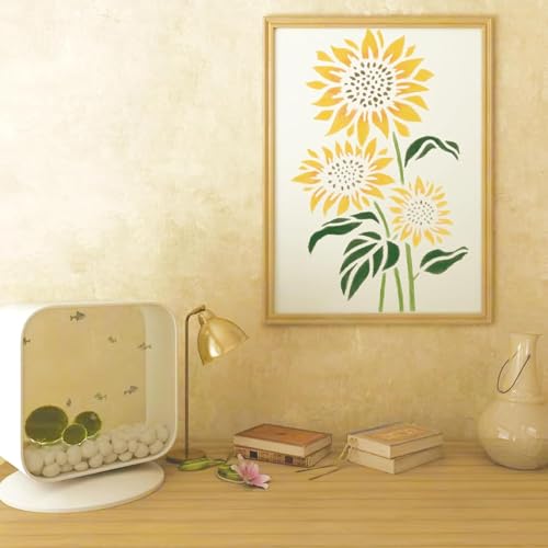 Image of Wildflower Stencils for Painting on Wood, Vine Cherry Blossom Bird Tree Leaf Stencils for Crafts Reusable Wood Burning Drawing Art Paint and Patterns for Wall Cake Cookie (13 Spring A5) (Sun flower)