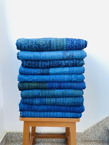 Indigo Hand Dyed Twin Size Vintage Cotton Kantha Quilt - Set of 1