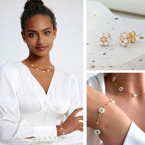 Image of Zeffy Gold Pearl Necklace for Women, Dainty 14K Gold /Silve Plated Layered Pearl Choker Pearl Earrings Pearl Bracelets Wedding Trendy Gold Jewelry Set for Women Gifts