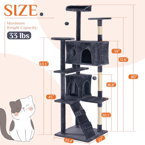 Image of Sweetcrispy 80 Inch Cat Tree Tower, Multi-Level with Cat Scratching Post, Indoor Cat Condo with Climbing Ladder, Plush Toy, Play House for Cat, Dark Grey