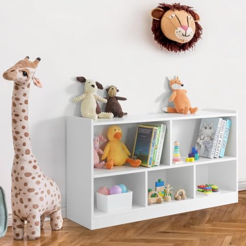 Image of CAPHAUS 5 Cube Open Bookcase, Freestanding Bookshelf Organizer w/Storage, Horizontal Storage Shelves, Bookcase w/Open Compartments, Modern Display Shelf for Living Room, Bedroom, Home Office, White